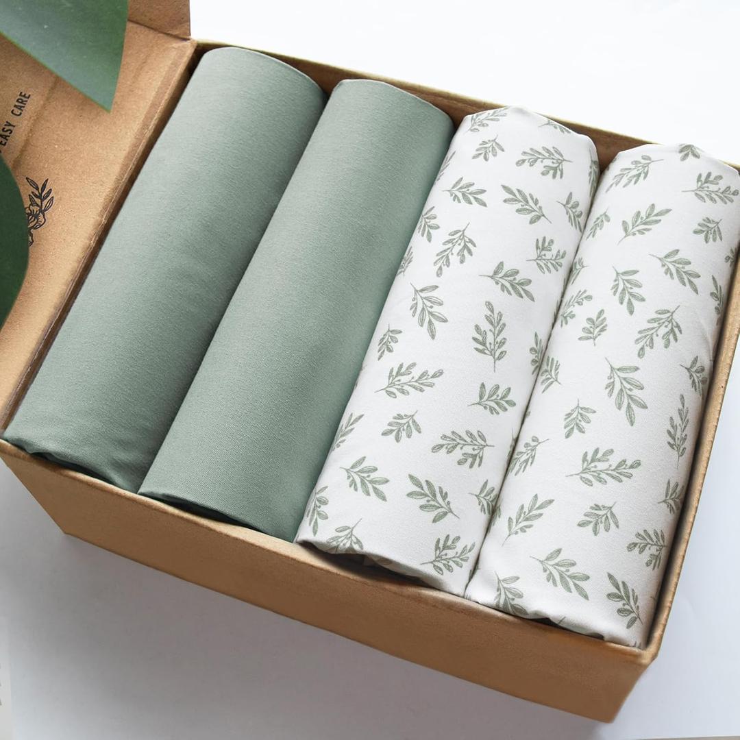 Mini Crib Sheets 4 Pack for Baby Boys & Girls, Neutral Mini Crib Sheet Fitted 38'' x 24'' for Standard Mattress, Ultra Soft Material Baby Mini Sheet, Aqua Leaf