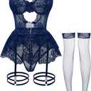 Foxiny Sexy Stocking Underwire Push Up Rhinestones Heart Floral Lace Mesh Sheer Garter Bodysuit Skirt Lingerie Set 3 Piece (Blue, M)