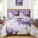 Dobuyly Purple Queen Comforter Set 7 Piece Bed in a Bag Queen, Purple Floral Printed on Light Purple Comforter Set with Sheets, Soft Microfiber Botanical Complete Bedding Set for All Season