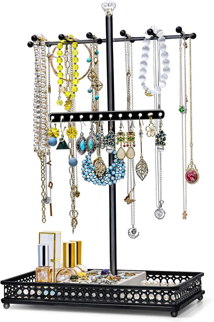 Meangood Jewelry Tree Stand Organizer 3in1 Necklace Organizer Display Bracelet Earrings and Ring Tray Jewelry Holder Hanger MetalBlack