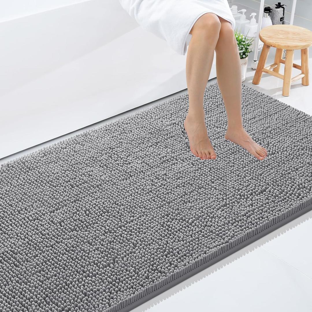 Smiry Luxury Chenille Bathroom Rugs 59x35, Extra Soft and Absorbent Shaggy Bath Mat, Machine Washable, Non-Slip Plush Carpet Runner for Tub, Shower, and Floor, Home Decor Accessories, Grey