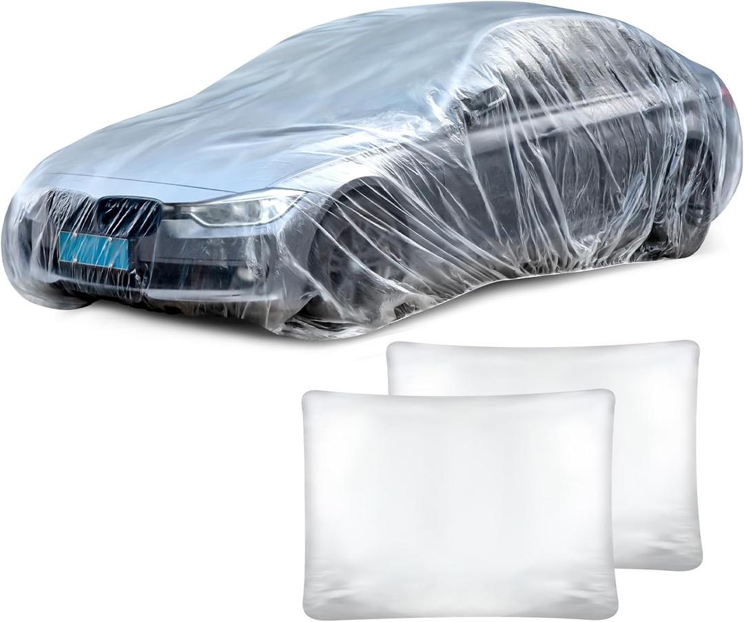 BBTO 1 Pack Universal Plastic Car Cover with Elastic Band Disposable Clear Car Covers Bulk 12.5 x 21.6 ft Waterproof Dustproof Full Exterior Protector for Sedan Outdoor Snow Rain Weather