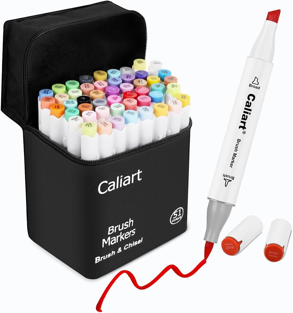 Caliart Alcohol Markers Brush Tip, 51 Colors Dual Tip Artists Coloring Markers Set Brush & Chisel, Permanent Alcohol Based Colored Sketch Pens, Art Supplies Gifts for Adults Drawing Illustration