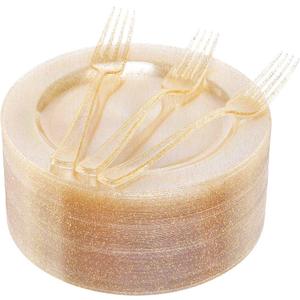 I00000 72 Pieces Plastic Dessert Plates 7.5" & 72 Pieces Gold Disposable Forks 7.4" with Gold Glitter, Gold Disposable Plates, Plastic Salad Plates for Birthday, Wedding & Party