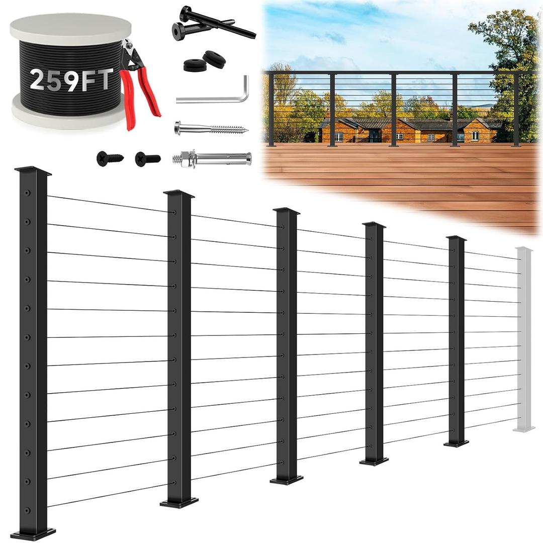 16ft-20ft Modular Cable Railing Post Kit 42" T304 Stainless Steel 5 Level Post Kit, Surface Mount Black Cable Railing System for Decks Length Adjustable Easy DIY, 259ft 1/8" Wire(No Handrail)