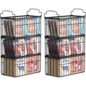 Freezer Organizer Bins, 6 Pack Stackable Deep Chest Freezer Organizer Bins, Foldable Baskets with Handles, Black Storage Container Baskets for 5/ 7 Cu.FT Deep Freezer Sort Frozen Meats