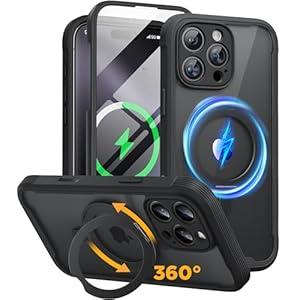 Miracase for iPhone 16 Pro Max Case with 360° Magnetic Ring Stand [Compatible with Magsafe] Full-Body Drop Proof Bumper Phone Case with Built-in 9H Tempered Glass Screen Protector, Black