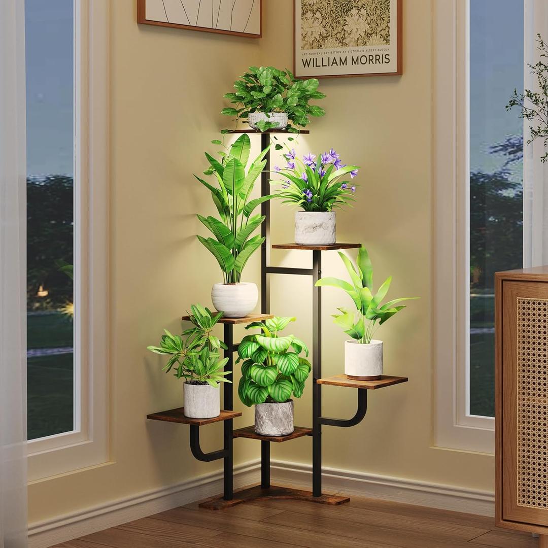 Corner Plant Stand with Grow Light - 6 Tier Plant Stand Indoor Square Metal Plant Shelf with Adjustable Light, Plant Organizer for Living Room, Graden, Home Decor (Brown)