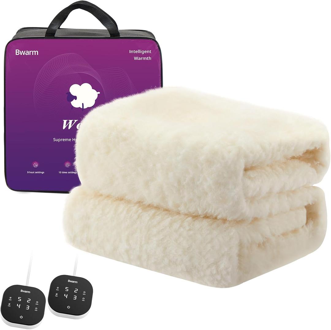 Bwarm Multi-Zone Heated Mattress Pad King Wool Electric Mattress Pad, Touchscreen Bed Warmer with 9 Heat Settings, 1-12 Hours Auto Off Memory Deep Pocket, Machine Wash White King 78" x 80"