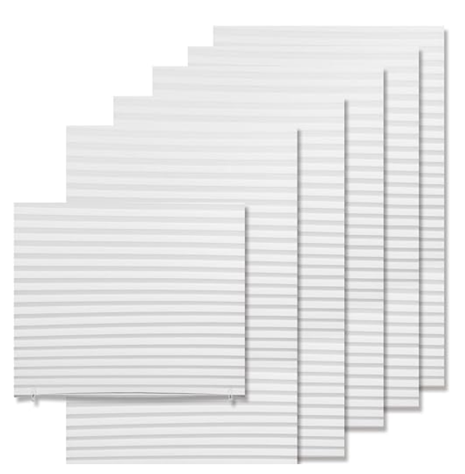 6-Pack Temporary Pleated Shades for Windows, Fabric Pleated Blinds with Adhesive, No Tools No Drilling Free Cut to Size Room Darkening Shades (70% Shadeing - White 35' W x 71' H)