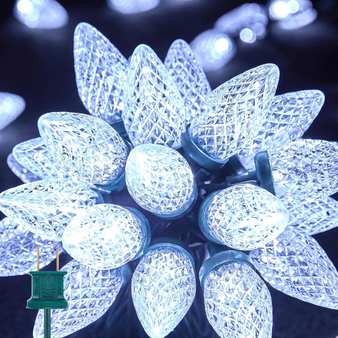 Brightown C9 LED Christmas String Lights, 33ft 50 LED Waterproof Strawberry String Lights, Plug-in Extendable Green Wire Lights String for Outdoor Indoor Patio Party Decoration (White)