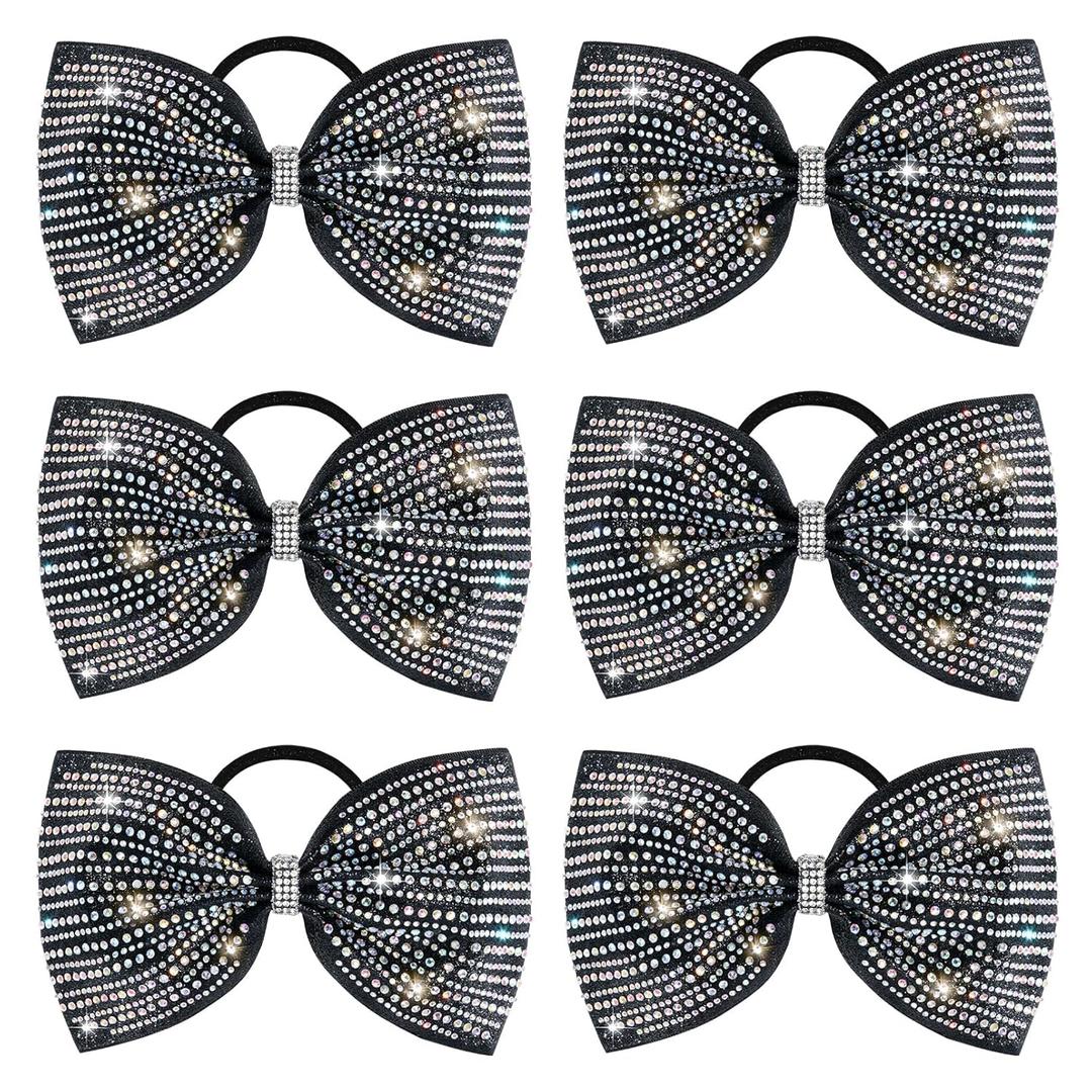 DEEKA 6 PCS Black Glitter Tailless Cheer Bows Large 6.5" Rhinestones Competition Hair Bow Elastic Band for Cheerleading Cheerleaders Girls (Glitter Black) (7 Inch(pack of 6))