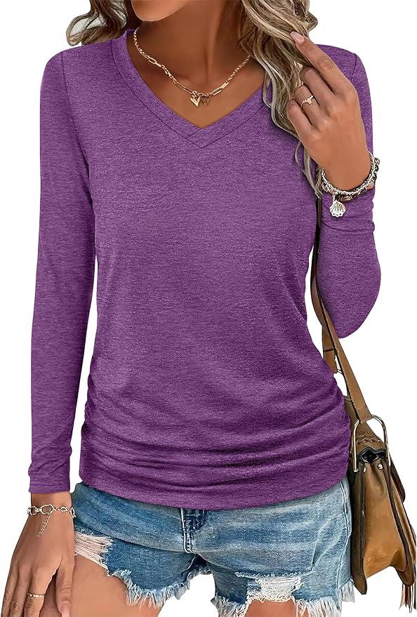 ANRABESS Shirts for Women Long Sleeve V Neck Tops Dressy Business Casual Side Ruched T-Shirts 2026 Fall Tee Blouses Outfits L