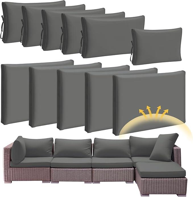 Patelai 11 Pcs Waterproof Patio Cushion Covers for Outdoor Sectional Furniture Wicker Rattan Patio Sofa Couch Chair Seat Pillow Slipcovers, 3 Sizes Covers Only (25.4 x 25.4X 3.54,Gray)