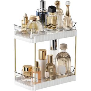 2 Tier Bathroom Counter Organizer, Removable Clear Tray Vanity Shelf for Makeup, Perfume, Skincare, Slide out Cosmetics Countertop Storage Rack for Bathroom Dresser, White