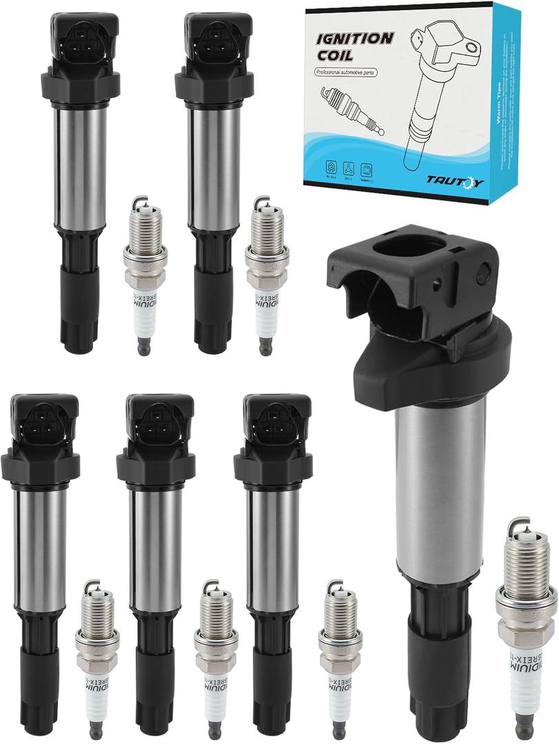 TAUTOY Set of 6 UF522 Ignition Coil Pack & Iridium Spark Plug (2.5 3.0L) 2001-2008 For BMW 320i 325Ci 325i 325xi 330Ci 330i 330xi 525i 530i 760i 760Li M3 X3 Z3 Z4,Replace # UF515 UF44 12137551260