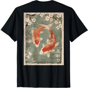 Koi fish and Cherry Blossom tree Japanese Woodblock art BACK T-Shirt, Size L