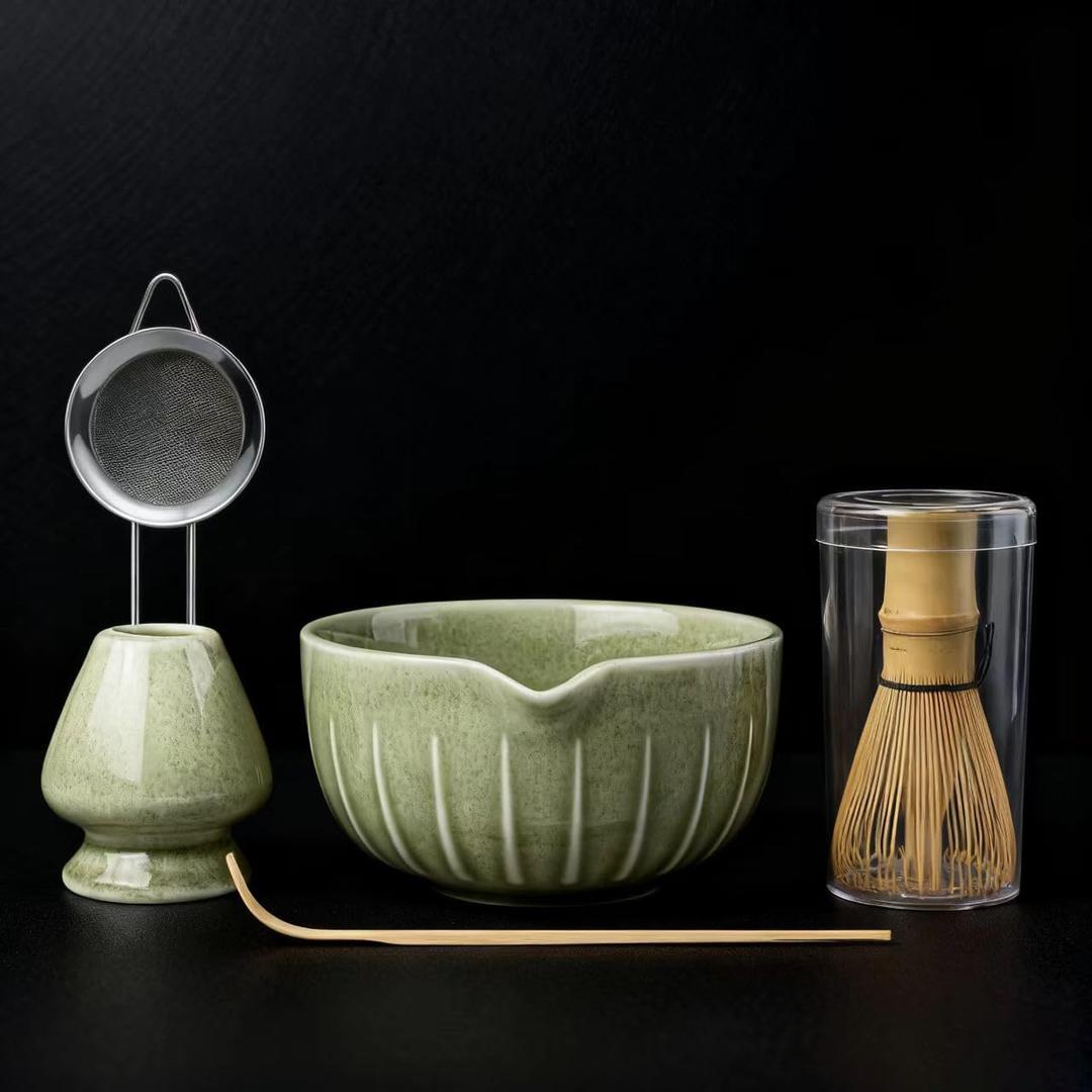Farielyn-X Matcha Whisk Set, Japanese Tea Set (5pcs) includes Matcha Bowl with Spout (19 oz), Bamboo Whisk, Matcha Scoop, Matcha Whisk Holder (Chasen Holder), Stainless Steel Sifter, Macha Kit