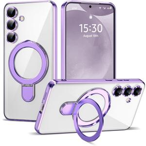 Compatible with Samsung Galaxy S24 Plus Case with Magnetic Ring Stand [Compatible with Mag-Safe] [Full Camera Lens Protector] Plating Clear Phone Case for Samsung S24 Plus 6.7", Light Purple