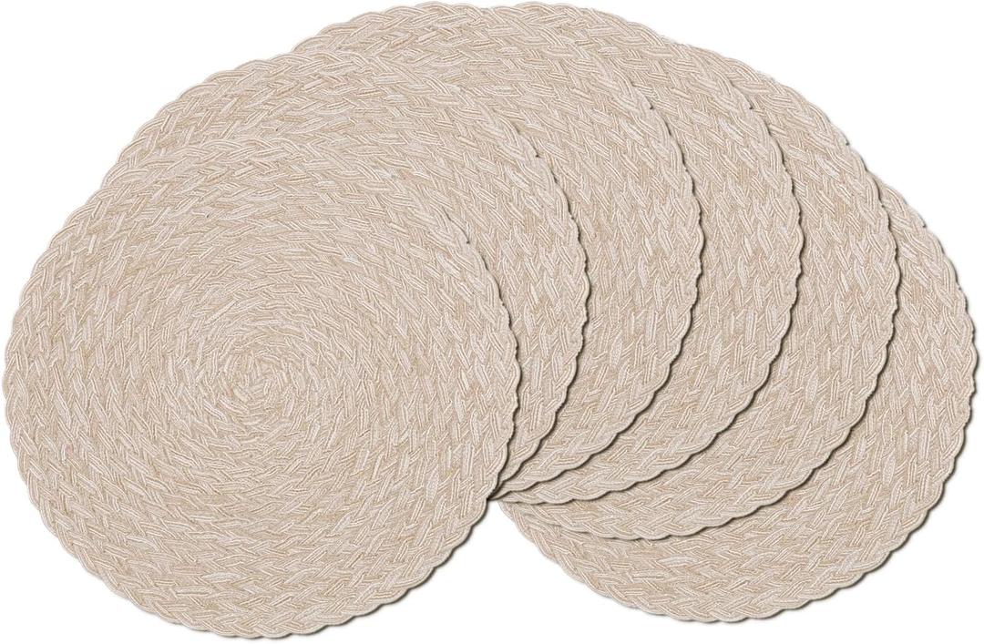 SHACOS Round Braided Placemats 15 inch Set of 6 Thick Boho Kitchen Table Placemats for Home Wedding Party (T-Beige, 6)