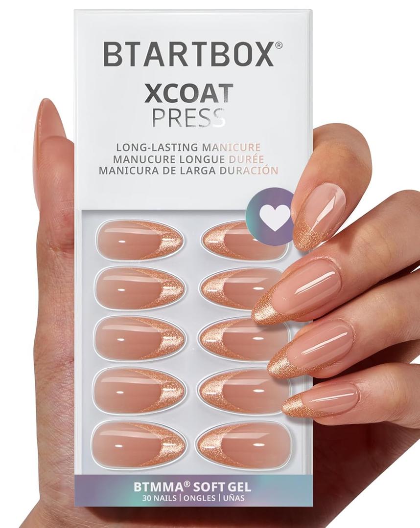 BTArtbox Press On Nails Medium - Golden Age, Lamp-Curable Almond Spakly French Tip Press On Nails with Glue and Adhesive Tabs for Women, Soft Gel Glue On Nails in 15 Sizes - 30 Stick On Nails Kit