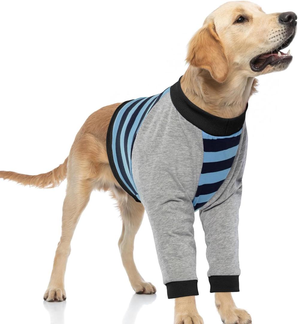 FUAMEY Dog Recovery Shirt with Elbow Protector - Stop Licking Joints, Protects Dog's Leg Wounds - Medium/Large, Blue Stripe