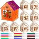 9 Pcs Haunted House Kit Painting Halloween Crafts for Kids Wooden Houses with Colors Markers DIY Graffiti Crafts Pumpkin Witch Ghost Haunted House for Kids Paint Art