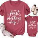 Our First Mothers Day Matching Outfit Mommy and Me Newborn Baby Boys Girls Romper Onesie New Mom Shirts for Women, Small