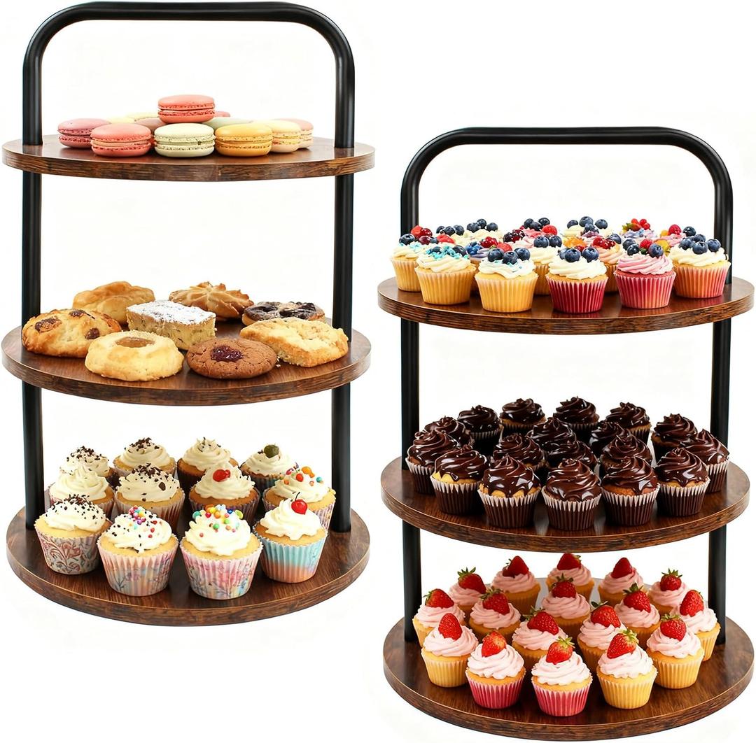 2PCS Wooden Cupcake Stand for 100 Cupcakes - 3-Tier Large Round Serving Tray with Cupcake Tower, Tiered Tray,Cake Tray, Desert Stand for Wedding, Party, Anniversary, Farmhouse Decor