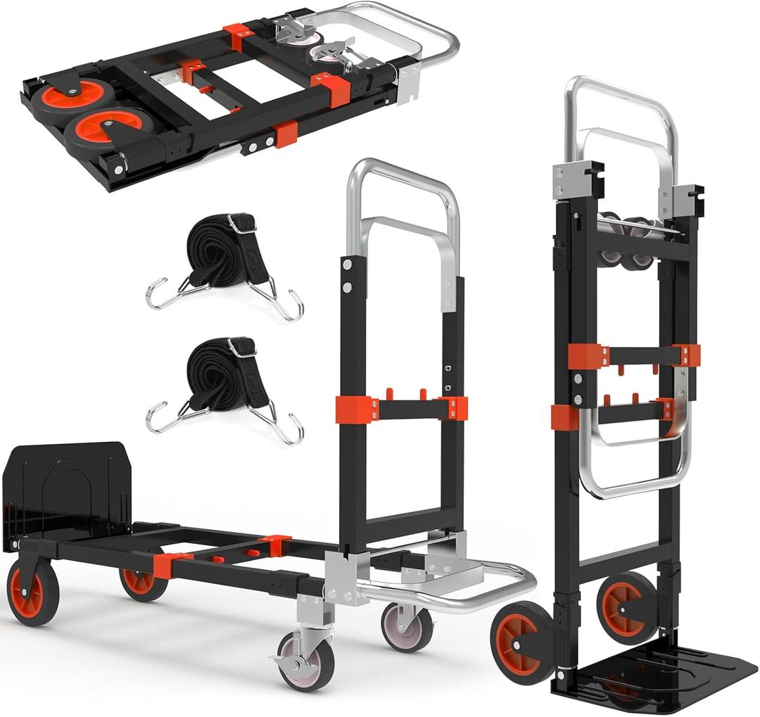 3 in 1 Heavy Duty Folding Hand Truck, Convertible Portable Steel Dolly with Telescopic Handle, Foldable Utility Cart with Rubber Wheels, 500 LBS (Orange)