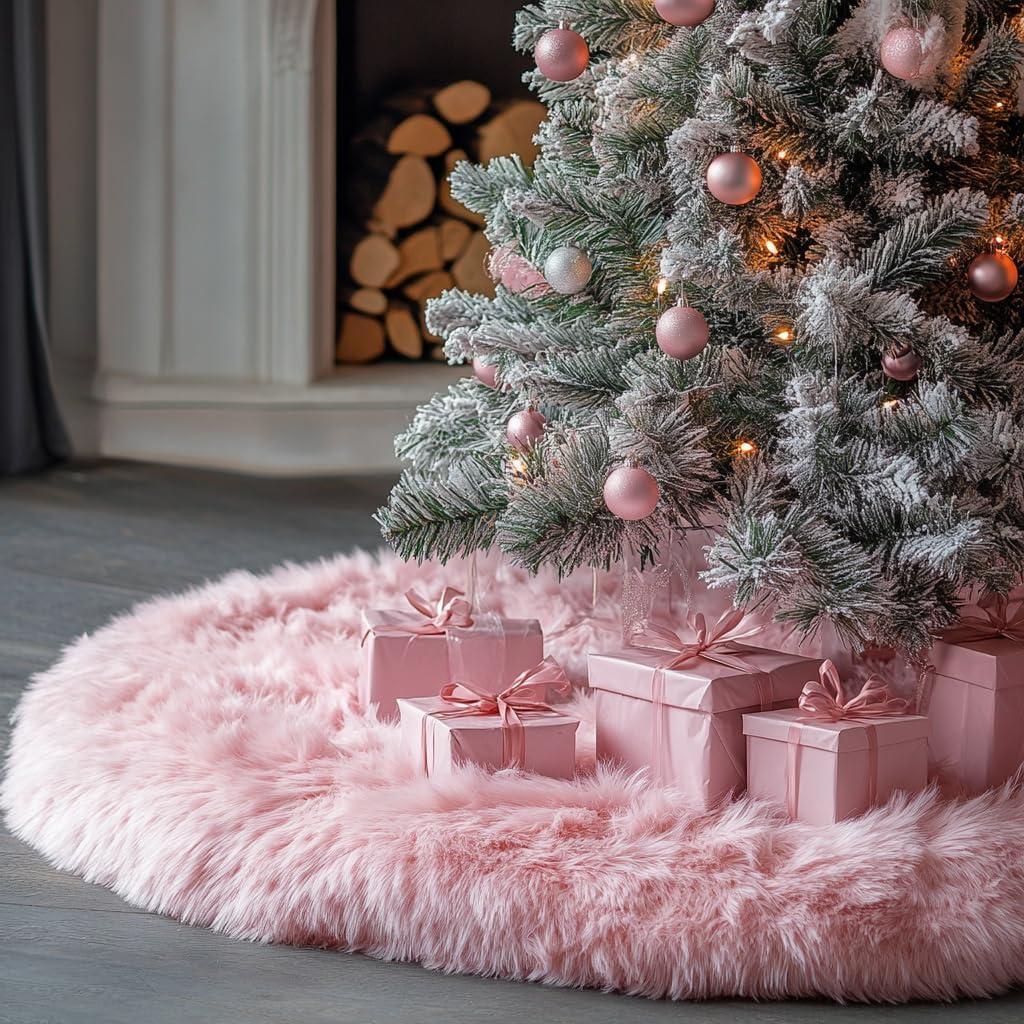 AISENO 48 Inch Pink Christmas Tree Skirt Plush Decoration for Merry Christmas Party - Faux Fur Christmas Tree Skirt Decorations