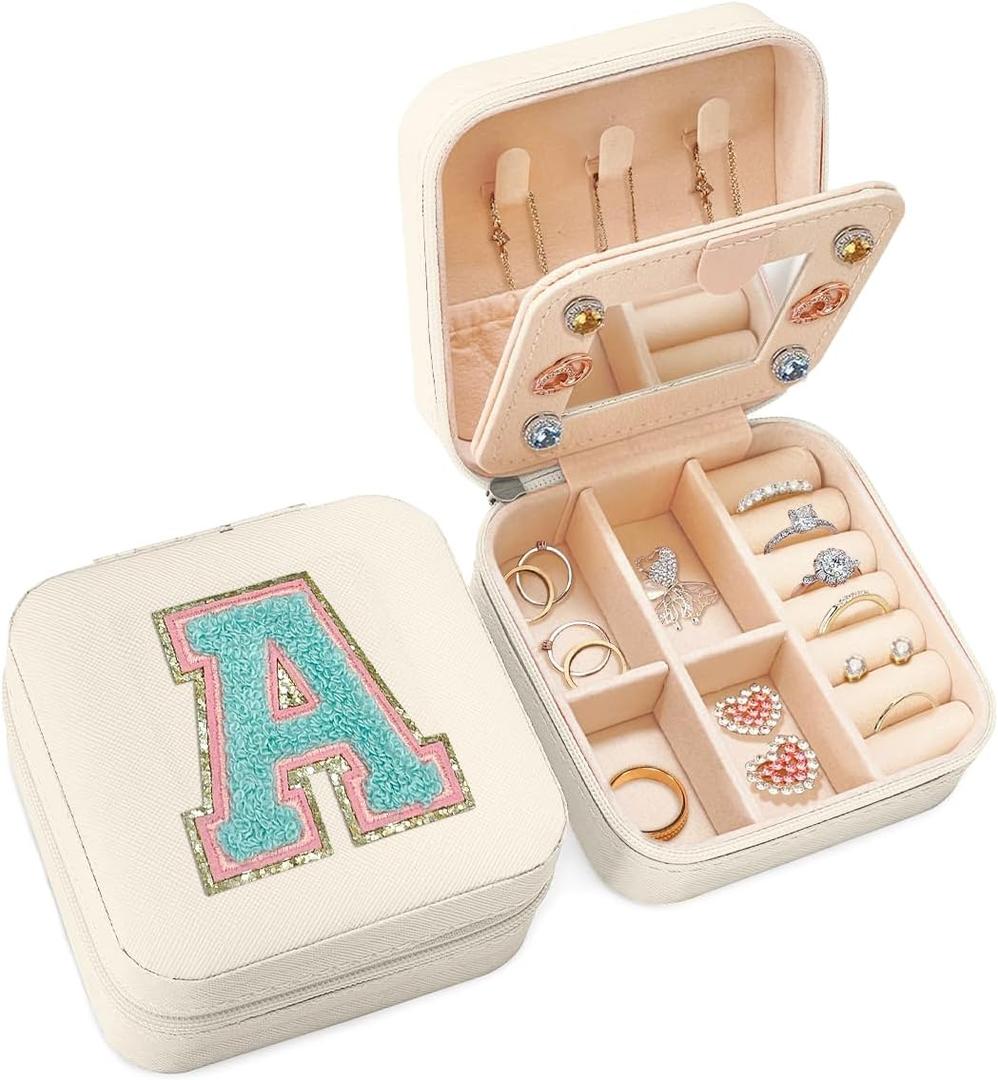 SANDJEST Personalized Jewelry Box, White Travel Jewelry Box with Initial A, Small Monogrammed Jewelry Case Organizer for Girls Women Teen Kids, Mini Travel Essentials Gifts for Birthday Christmas