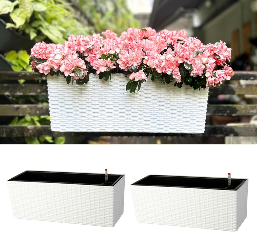 LaLaGreen Outdoor Rail Planter for Balcony (20 Inch, 2 Pack) Large White Self Watering Railing Planters with Brackets, Rectangular Plastic Fence Modern Window Boxes Designer Choice with Rattan Pattern