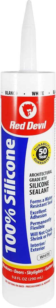 Red Devil 0816 100% Silicone Sealant Architectural Grade, Silicone Architectural Grade RTV Sealant, A Water-Resistant Adhesive for Interior and Exterior Use, 9.8 oz.Tube, White, 1-Pack