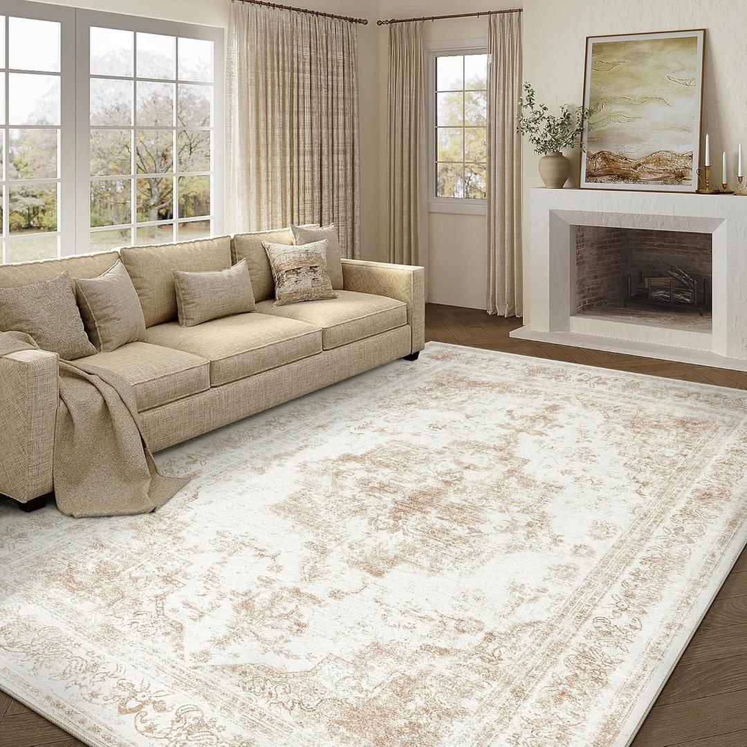 Vintage Area Rug 10x14 Indoor Living Room Beige Washable Medallion Large Carpet Traditional Retro Accent Throw Rug Low Pile Non Slip Distressed for Office Dining Room Bedroom (10' x 14' (Rectangular), Distressed | Beige)