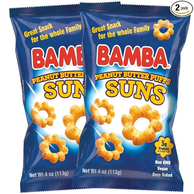 Bamba Peanut Butter Suns, Non-GMO, Kosher - 4 Oz Bags (2 Pack) | Peanut Butter Sun Puffs Bulk, Vegan PB Snack with Crunch for Kids, Protein Snack, No Sugar, BBD: Jul 15 2026