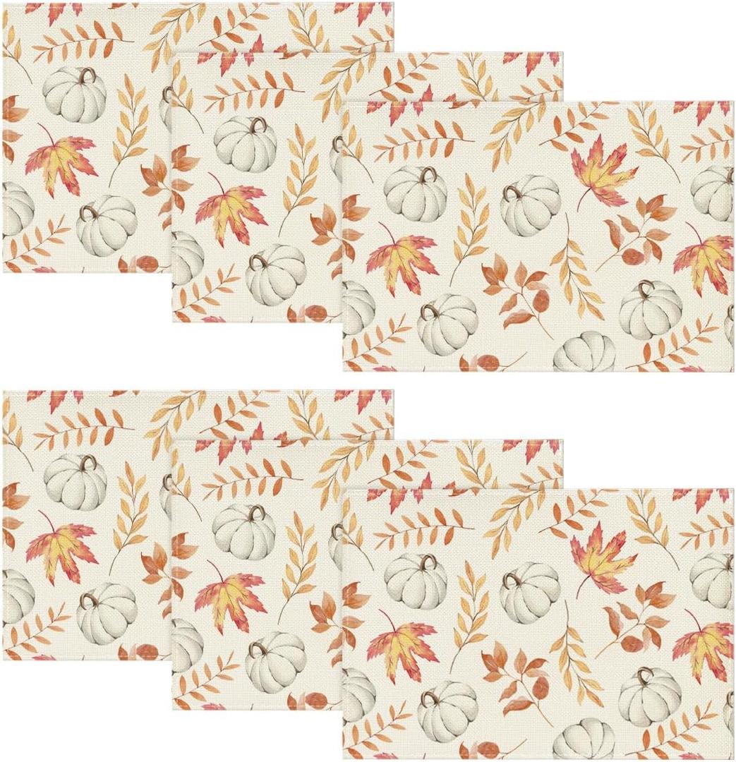 Artoid Mode Orange Maple Leaf Pumpkin Fall Placemats Set of 6, 12x18 Inch Seasonal Autumn Table Mats for Party Kitchen Dining Decoration
