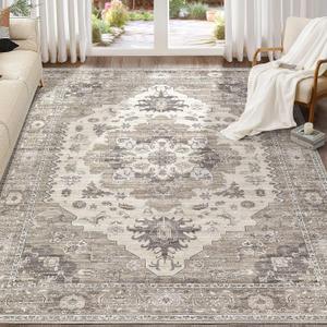 EIEIHOUSE 7x10 Area Rug Washable Vintage Rugs for Living Room Brown/Beige | Large Soft Neutral Carpet for Bedroom Dining Room Office, Non Slip Pet Kid Friendly Indoor Farmhouse Floral Floor Mat