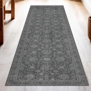 Washable Runner Rug 2.5x10 | Non Slip Rug Runners for Hallways, Entryways, Kitchens, Bathrooms, Bedrooms | Ultra-Soft Flannel Carpet Runners with Rubber Backing (Dark Grey, 2.5x10)