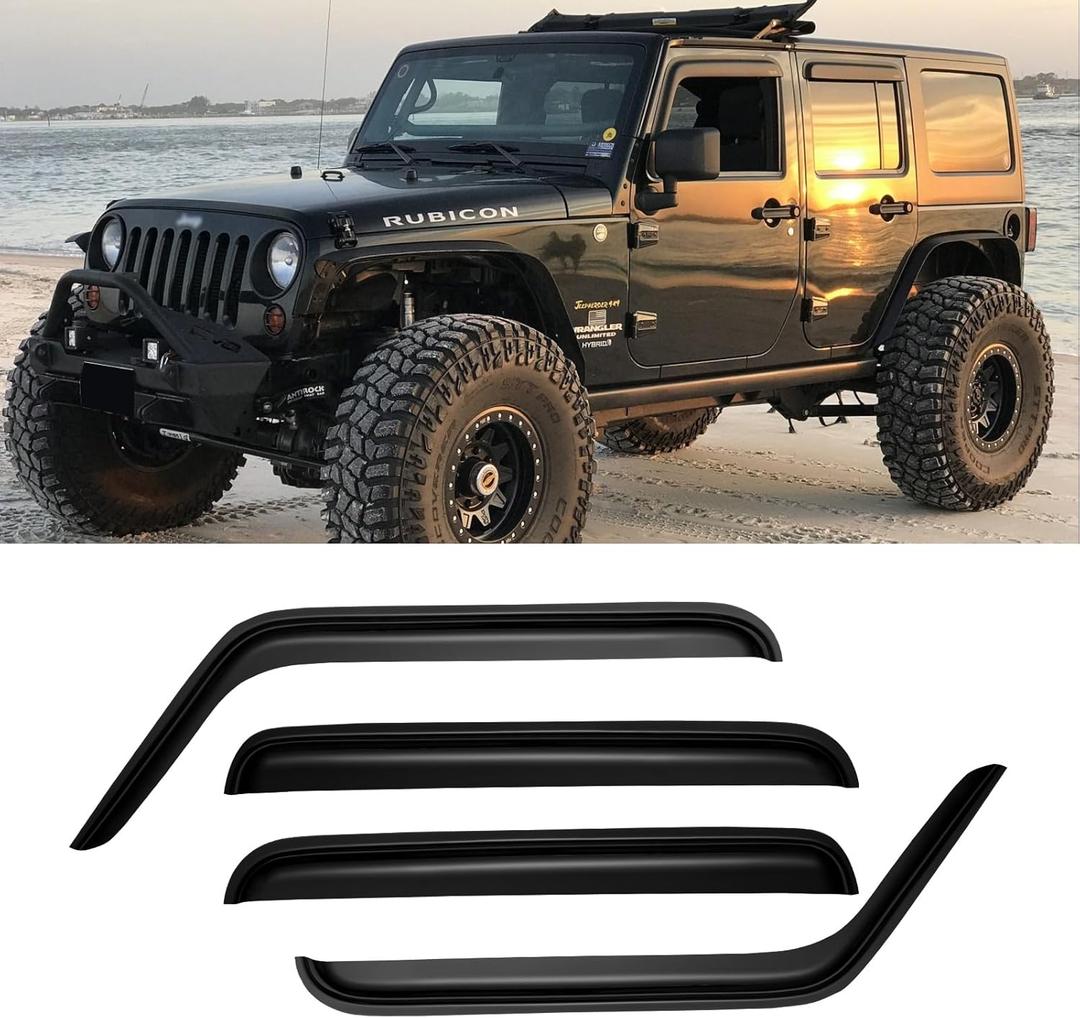 Window Visors for 2007-2018 Jeep Wrangler JK Unlimited 4-Door, Rain Guards Shields Vent Deflector Shade Dark Smoke 08 09 10 11 12 13 14 15 16 17, Tape-On, 4PCS