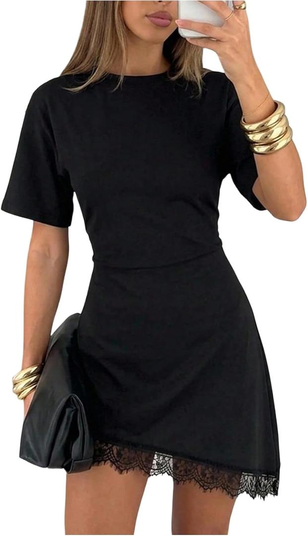 SHENHE Women's Lace T Shirt Dress Asymmetrical Cinched Waist Mini Dresses (Black, M)