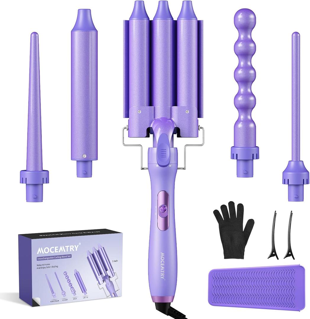 5 in 1 Curling Wand Set (0.35"-1.25") with 3 Barrel Hair Crimper, Bubble Curling Wand and 3 Ceramic Barrels, Curling Iron 1 inch Crimper Hair Tool Waver with Two Temp Control, Gifts for Women, Purple