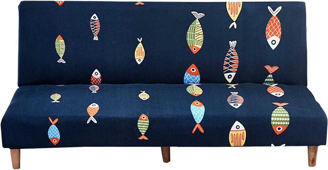 WOMACO Printed Futon Cover Stretch Sofa Bed Slipcovers Full Twin Queen Size Armless Couch Loveseat Protector Covers with Elastic Bottom for Living Room Bedroom Furniture (Color Fish, 75"-86.6") (Pattern #3)