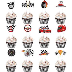 48 Pack Race Car Cupcake Toppers and Wrappers, Race Car Party Cake Decoration for Racing Checkered Theme Birthday Party Baby Shower Supplies