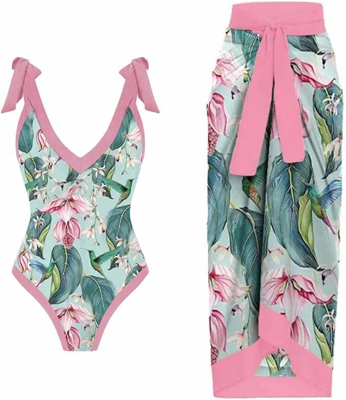 ZDRZK Sexy One Piece Swimsuit for Women with Matching Cover Ups Sarong Retro Floral Print Bikini Set Two Piece Bathing Suit  (#T03-pink 2pcs) XL