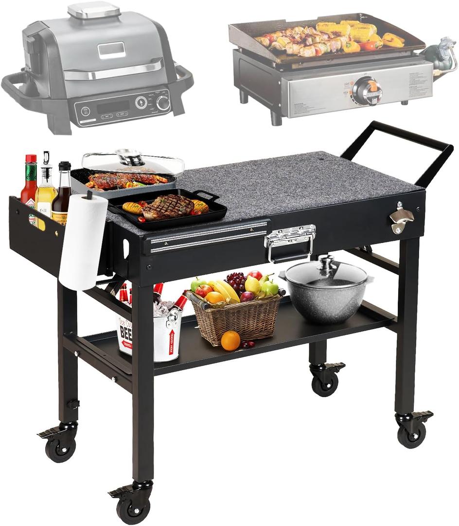 Portable Outdoor Grill Cart, Folding Grill Table with Wheels,Solid and Stable,31"x 17" Large Space Grill Stand for The Blackstone Griddle Stand 17"/ 22",Ninja Woodfire Grill etc