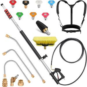 24 FT Gutter Cleaning Tools from The Ground - Telescoping Pressure Washer Wand - Gutter Cleaner Attachment with Power Washer Extension Wands, Brush, 7 Spray Nozzle Tips, 3 Hose Adapters, Support Belt
