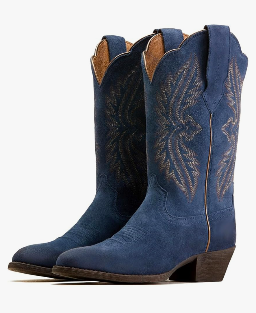 Women Vintage Embroidered Cowboy Boots Mid Calf Pointed Toe Knee High Western Boots Chunky Stacked Heel Pull On Mid Calf Cowgirl Boots V Cut Retro Casual Street Party, Size 9