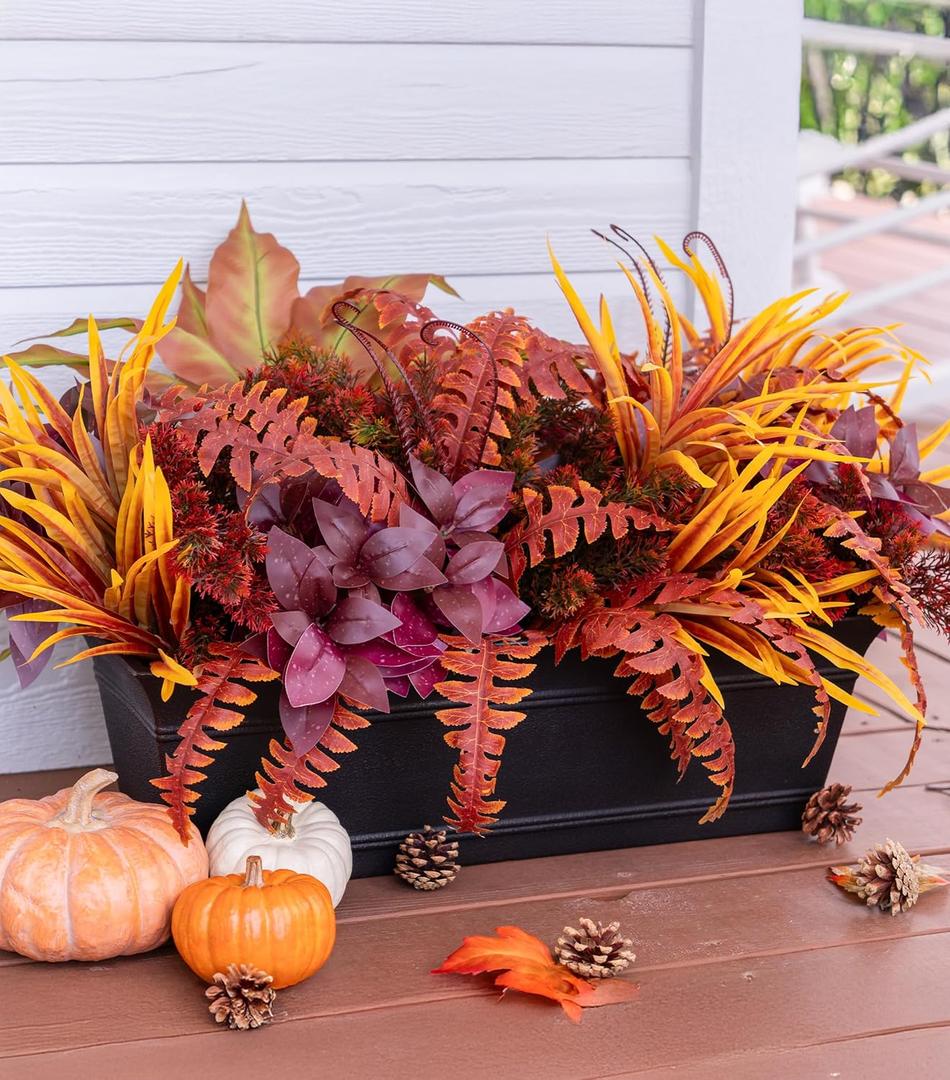Artificial Fall Plants for Autumn Outdoor Decor Realistic Faux Greenery & Flowers Fake Plastic Leaves with Stems UV Resistant Outside Bushes for Garden Patio and Porch 8Pcs (Fall Color)