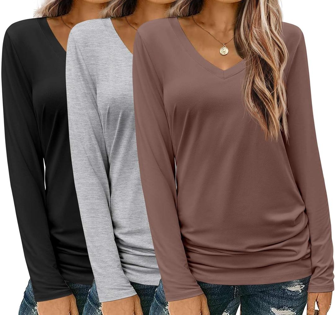 Zeagoo 3 Pack Womens T Shirts V Neck Long Sleeve Shirt Casual Tops Soft Solid Basic Tee Fall Outfits S-XXL (Large, Black, Brown, Grey)